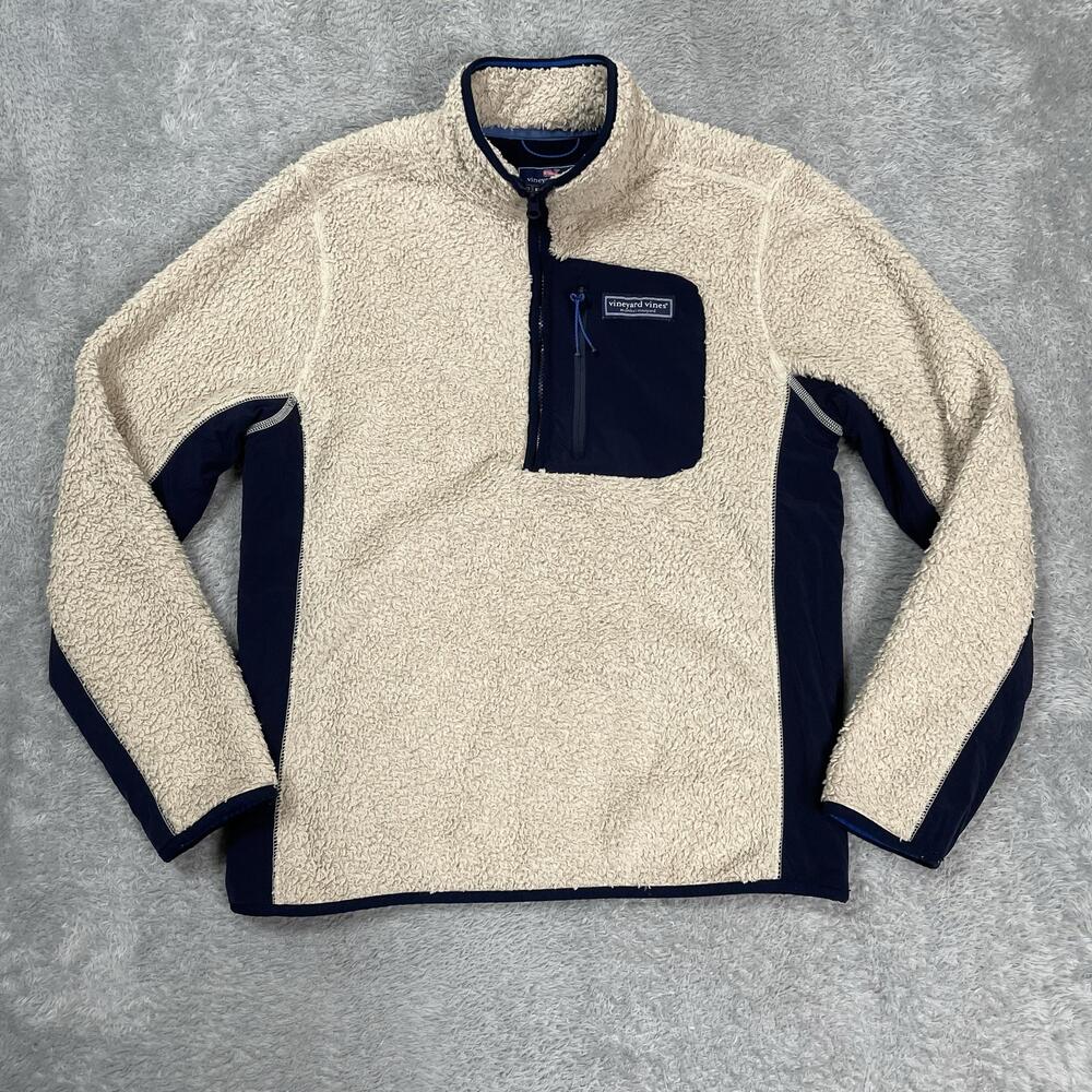 Vineyard Vines Sherpa Fleece Jacket Mens Small White Navy Quarter Zip Outdoor